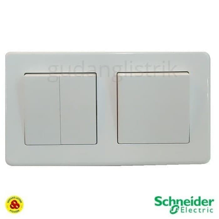 Schneider Saklar Triple 3 Gang Leona dengan Frame 2 Gang &amp; Saklar Engkel Seri White