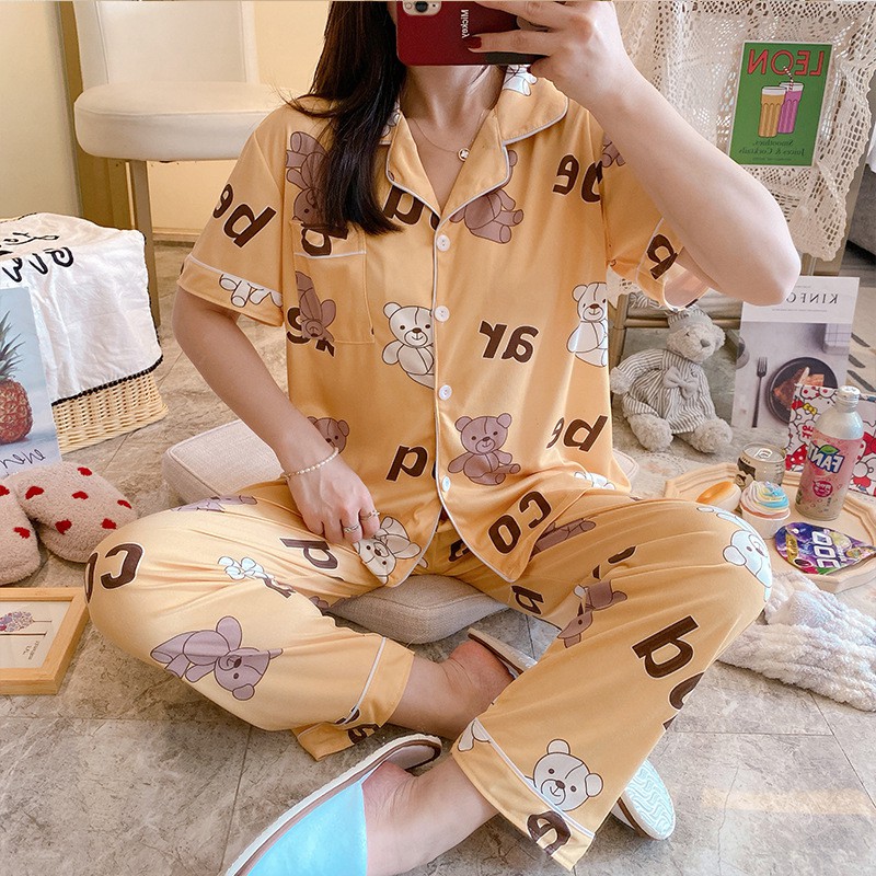 BAJU TIDUR PIYAMA SET KEMEJA CP LENGAN PENDEK CELANA PANJANG IMPORT PREMIUM BANYAK MOTIF 3-Bear