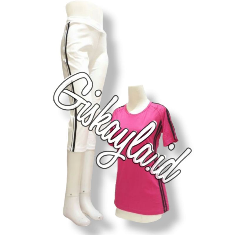 Setelan senam pendek yovis baju senam pendek celana senam pendek -PINK PUTIH