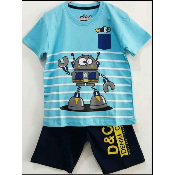 Setelan Kaos Anak Robot | Setelan Batman | Setelan Cool Bro | Setelan Mobil Balap | Setelan Spiderman | Baju Anak Laki Laki | Kaos Karakter Anak Laki 1-10 tahun-Robot Biru