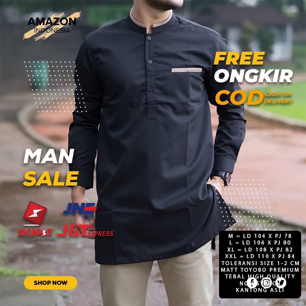 PAKAIAN MUSLIM COWOK BAJU KOKO PRIA LENGAN PANJANG WARNA BLACK HITAM KASUAL TOYOBO MATT PREMIUM