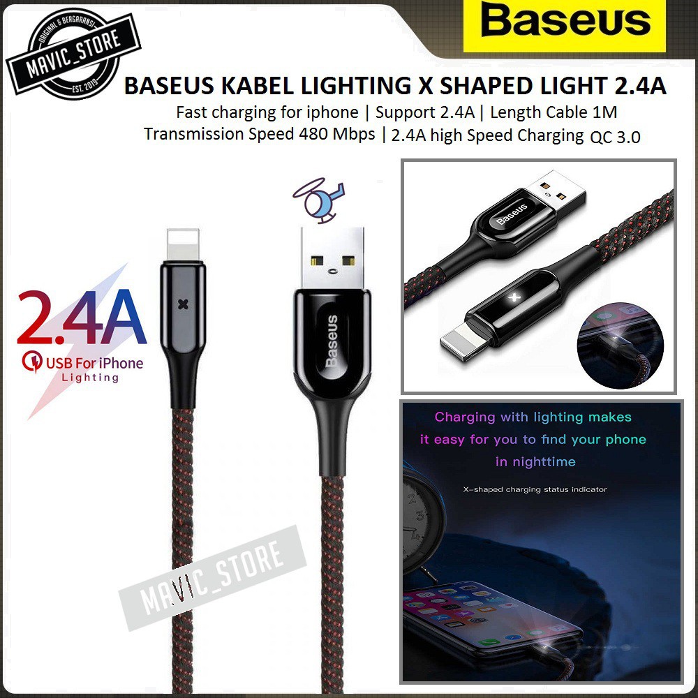 BASEUS X SHAPED LIGHT KABEL CHARGER IPHONE LIGHTNING DATA CABLE 2.4A 1M - GARANSI RESMI