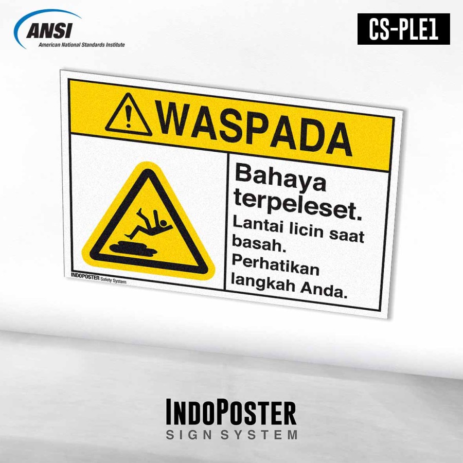 Stiker K3 Safety Sign ANSI Bahaya Terpeleset Perhatikan Langkah Anda