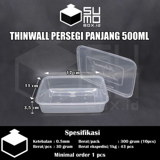 Thinwall PERSEGI PANJANG 500ml + Tutup / Kotak Makan Plastik 500 ml FREE PACKING [ECERAN]