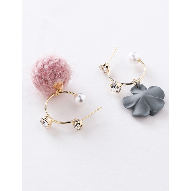 LRC Anting Tusuk Fashion A Pink Fur Ball Pearl Asymmetric Flower Hair Ball Earrings D63789