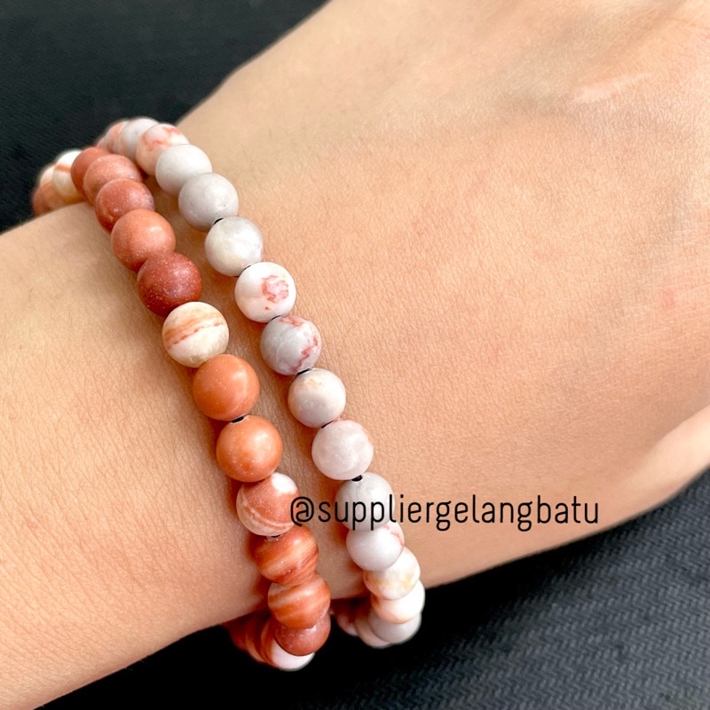 GELANG BATU WHITE BROWN JASPER 6MM VINTAGE PRIA WANITA FOSSIL BATU KAYU ASLI AKIK TERMASUK KOTAK KADO