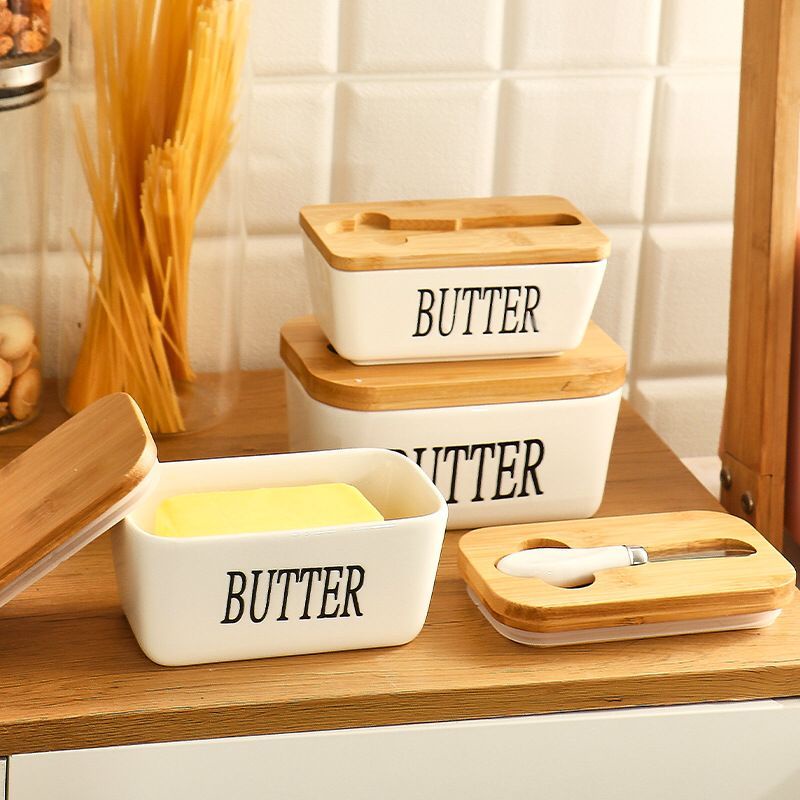 (BOW) Kotak Penyimpanan Mentega Butter Bahan Keramik Butter Storage Dengan Pisau Oles Dan Tutup Kayu