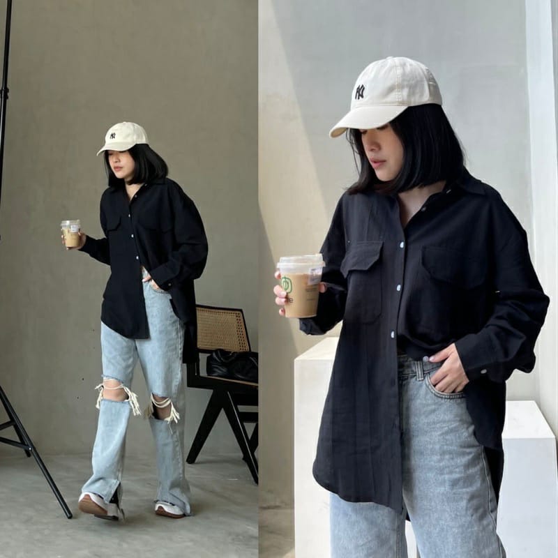 BEFAST - ZEC OOTD Wanita Kemeja PIKA / HIGH QUALITY Nindy Oversize Linen Pocket Shirt / Kemeja Oversize Wanita / OOTD Ala Style Korean Wanita / Kem Lengan Panjang / Fashion Wanita Casual / Kemeja Polos Terbaru