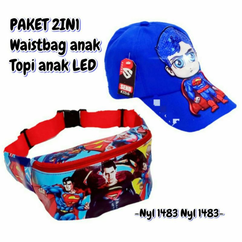 WAISTBAG ANAK  PAKET HEMAT 2IN1 SUPERMAN/TOPI LED (NYALA)