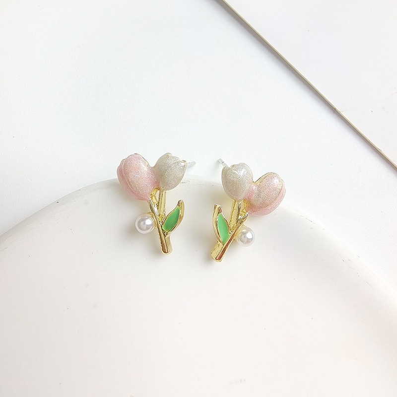 Anting Stud Desain Bunga Tulip Aksen Mutiara Warna Pink Gaya Korea