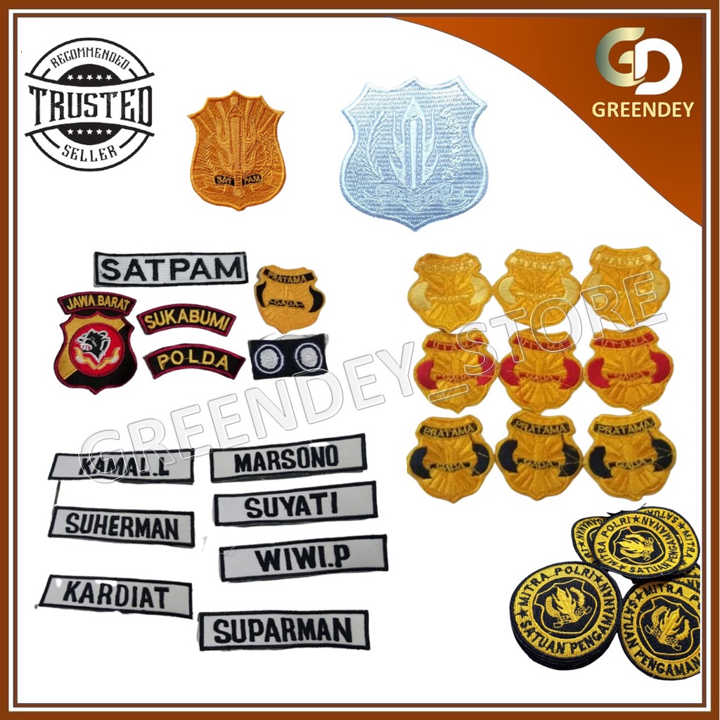 BORDIR NAMA SATPAM ATRIBUT SATPAM GADA UTAMA PRATAMA MADYA KEWANAGAN LOGAM