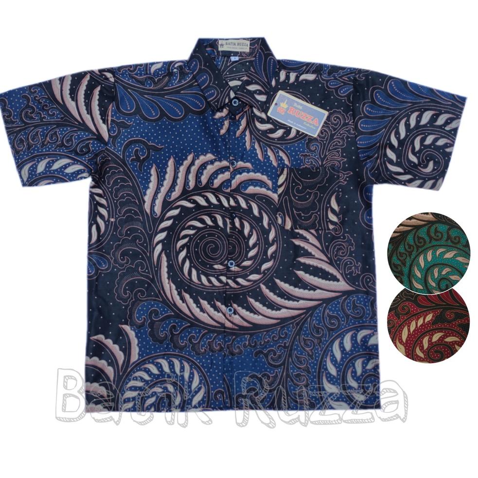 [Art. 96] RUZZA Batik Anak Ukuran 0-15 Tahun Kemeja Motif Ulir Biru Hijau Daun Baju Laki-laki / Cowo