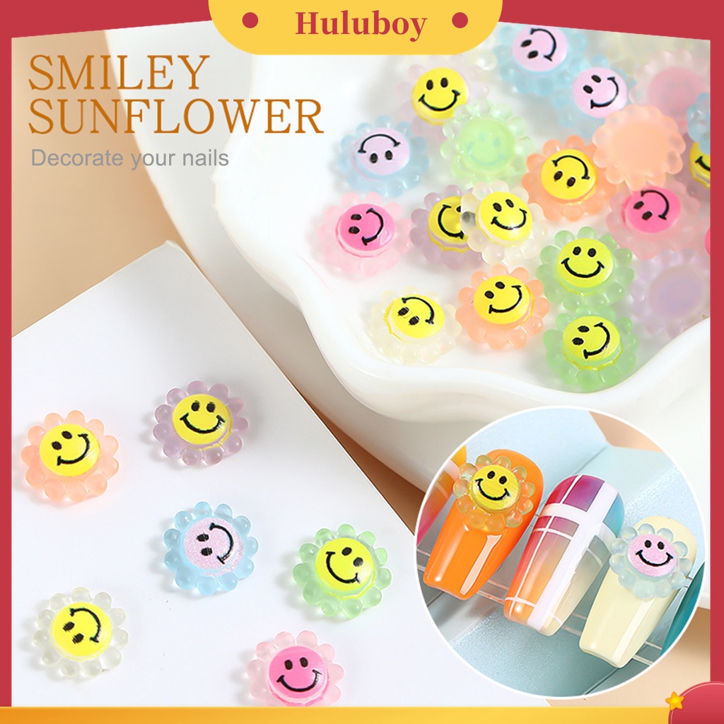 Huluboy Huluboy♡ 30pcs / Kantong Dekorasi Kuku Jari Bahan Resin Motif Smiley Sunflower Untuk Aksesoris Nail Art