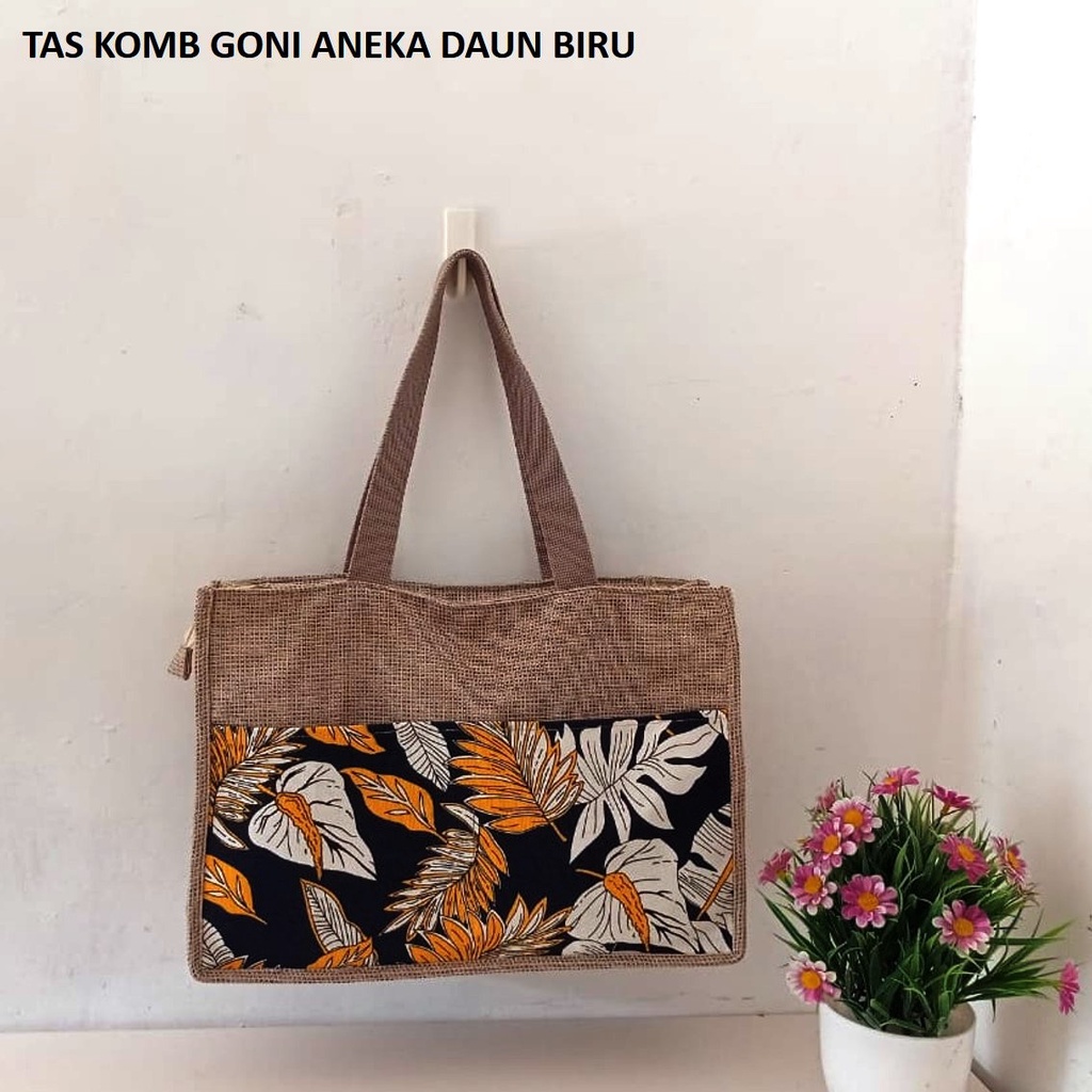 TAS KANVAS TAS GONI SINTETIS KOMBINASI KANVAS MOTIF ANEKA DAUN BIRU. RIENS COLLECTIONS