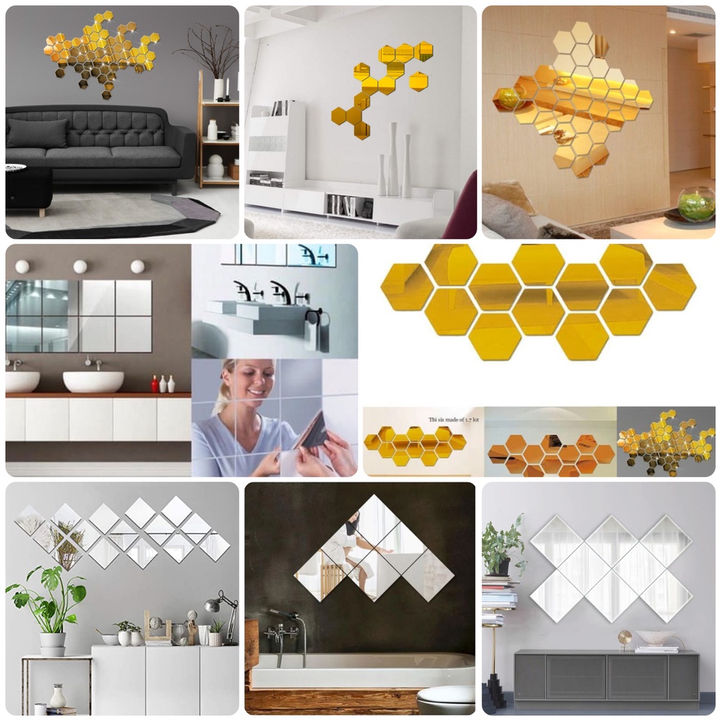 PUSAT WALLPAPER - PAKET TERMURAH ( Isi 10Pcs ) Kaca Cermin Dinding Kotak/Cermin Dinding Hexagonal / Cermin Dinding Aesthetic Dekorasi Kamar