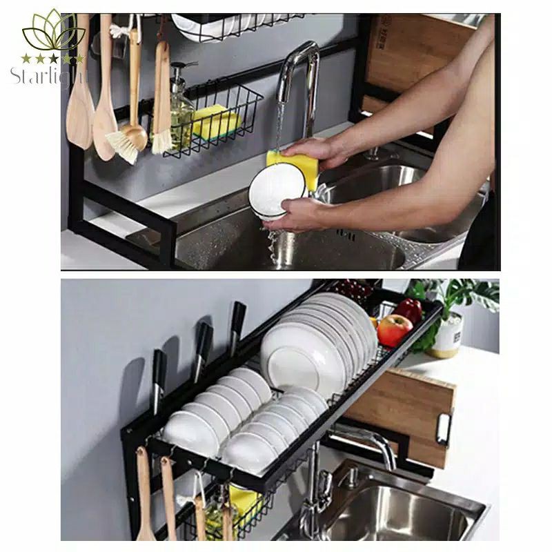 rak piring dapur stainless hitam 65cm anti karat