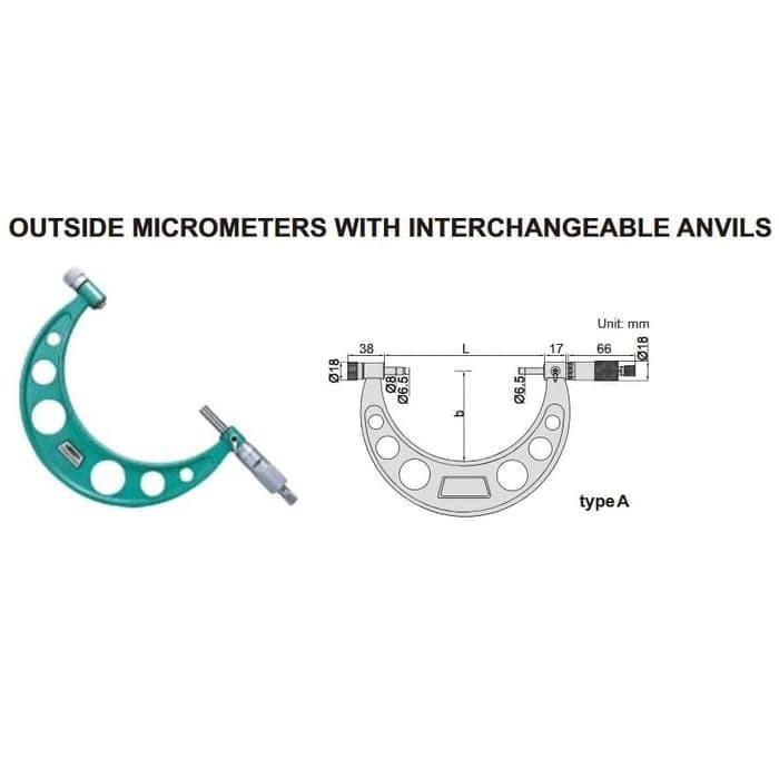 INSIZE 3206-150 OUTSIDE MICROMETER W/ INTERCHANGEABLE ANVIL 0-150MM