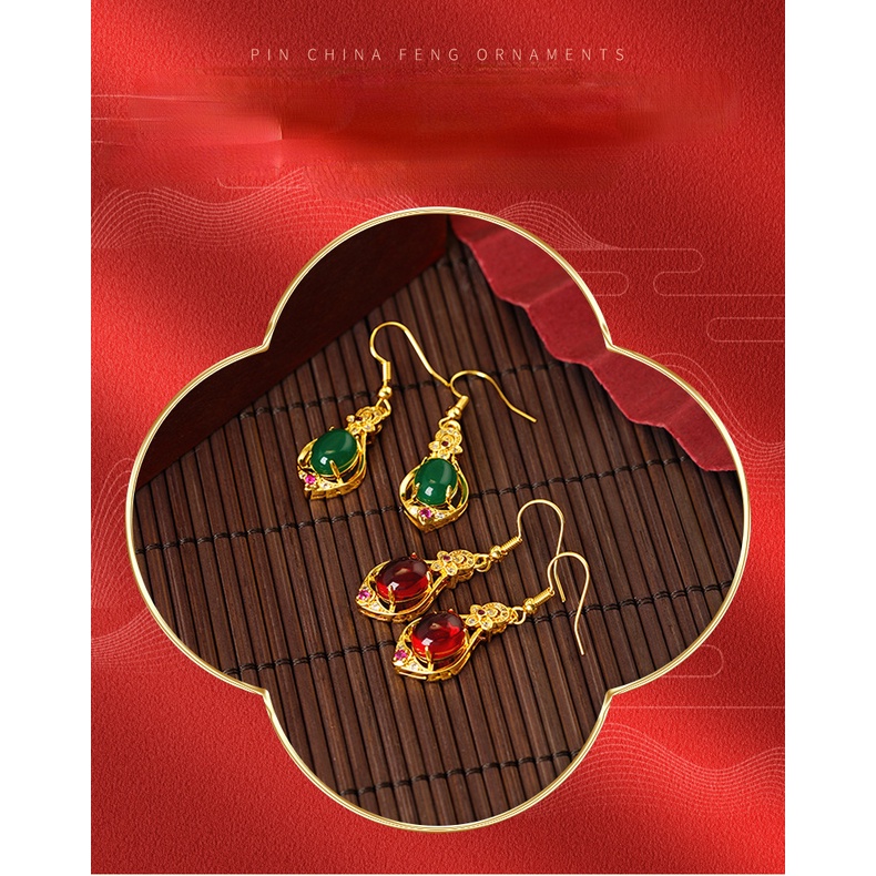 Goldkingdom Perhiasan Fashion 24K Bangkok Aksesoris Ready Stock Lapis Emas Asli Kadar 375 Panjang Rumbai Micro Set Emerald Ruby Elegan Drop Earrings Untuk Wanita