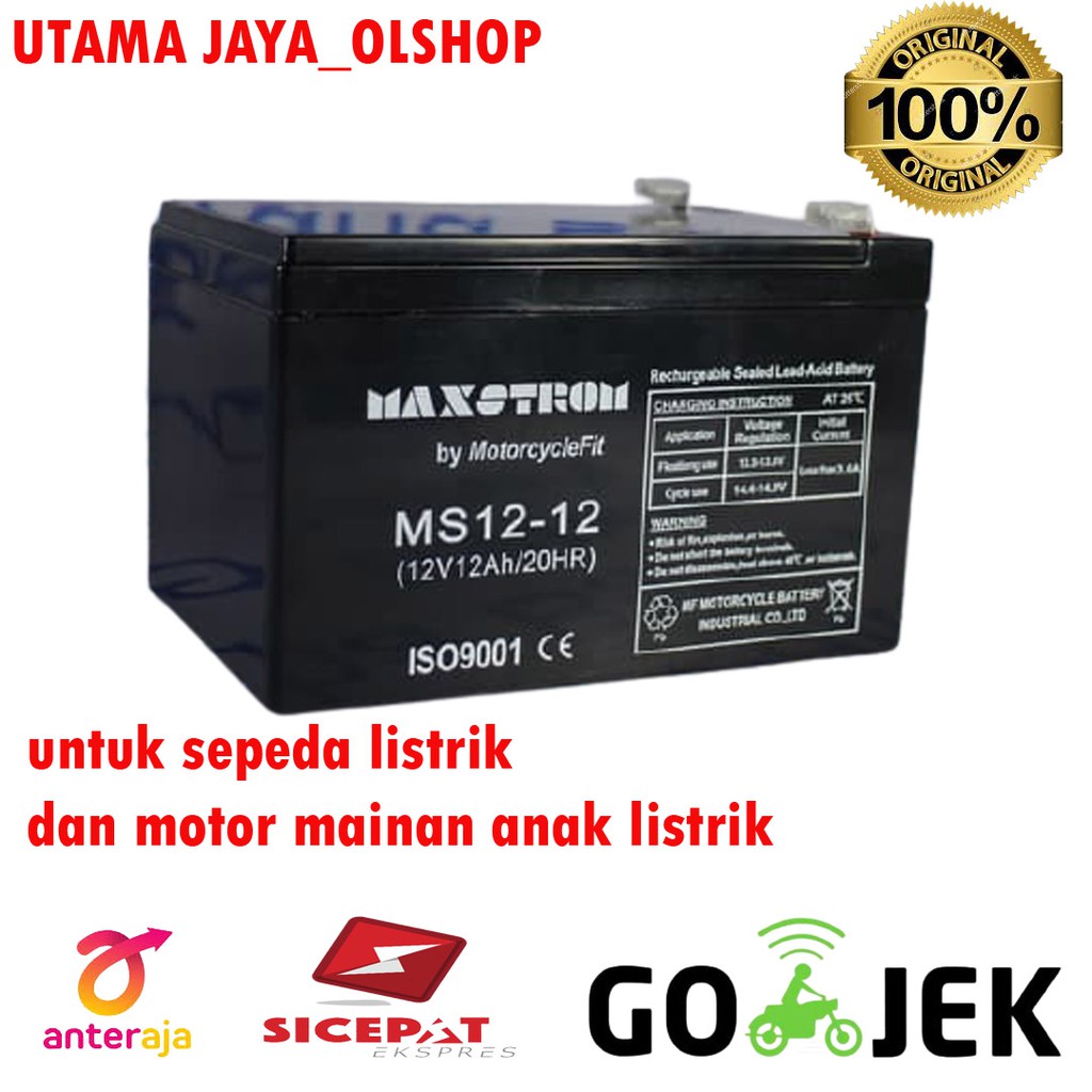 Aki kering baterai VRLA maxstrom MF 12V 12AH aki sepeda listrik dan motor mainan anak listrik