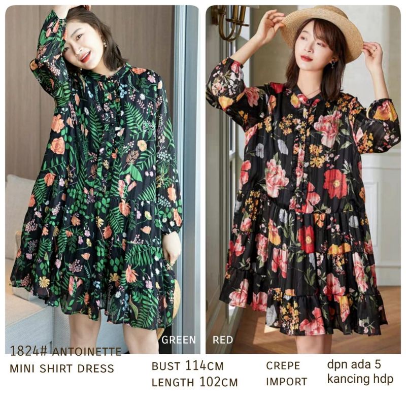 1824 Pakaian Baju mini dress lengan panjang motif bunga hijau merah busui friendly bumil model ngemb