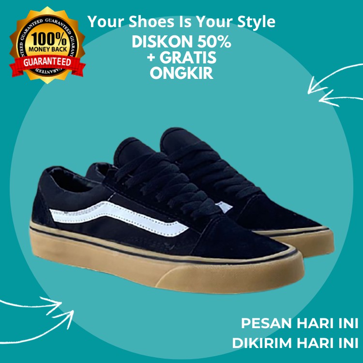 (BISA COD) VANS OLDSKOOL BLACK GUM CLASSIC WAFFLE DT BNIB / SEPATU VANS OLDSKOOL HITAM