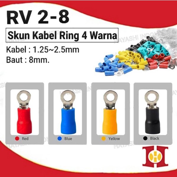 Terminal Kabel Sekun Cable Skun Ring O Bulat Cable Lug Isolasi RV 2-8 (100pcs)