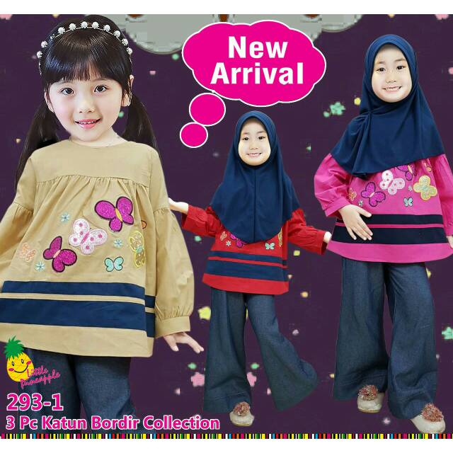 Baju anak little pineapple set hijab butterfly katun bordir kulot jeans wash untuk umur 3-8 tahun