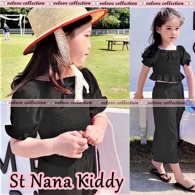 St Nana kids Setelan Chaca Kiddy Sabrina Kerut / Sabrina Serut Anak / Atasan Anak Perempuan / Blouse Korean Style + Celana denim setelan anak usia 3-5tahun