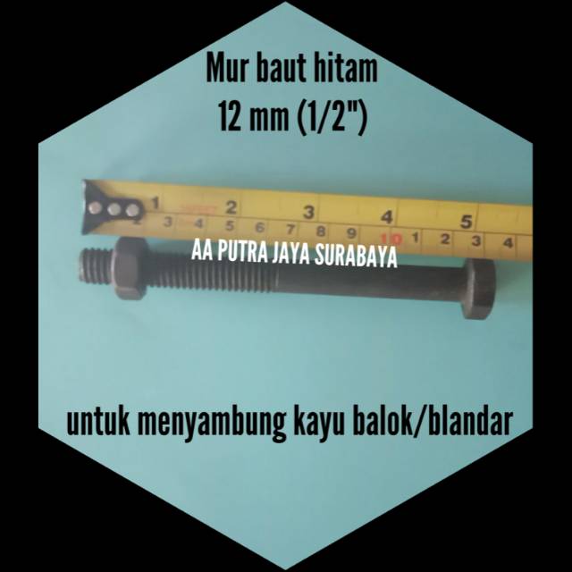 Mur baut 13 mm (1/2") panjang 12 cm kayu balok/blandar kunci 19