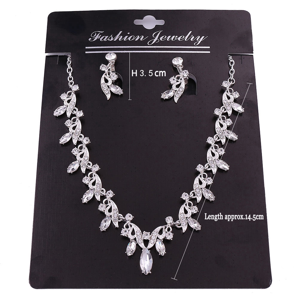 Set Perhiasan Wanita, Kalung Rantai Liontin + Anting Gantung Kristal Warna Silver untuk Pernikahan