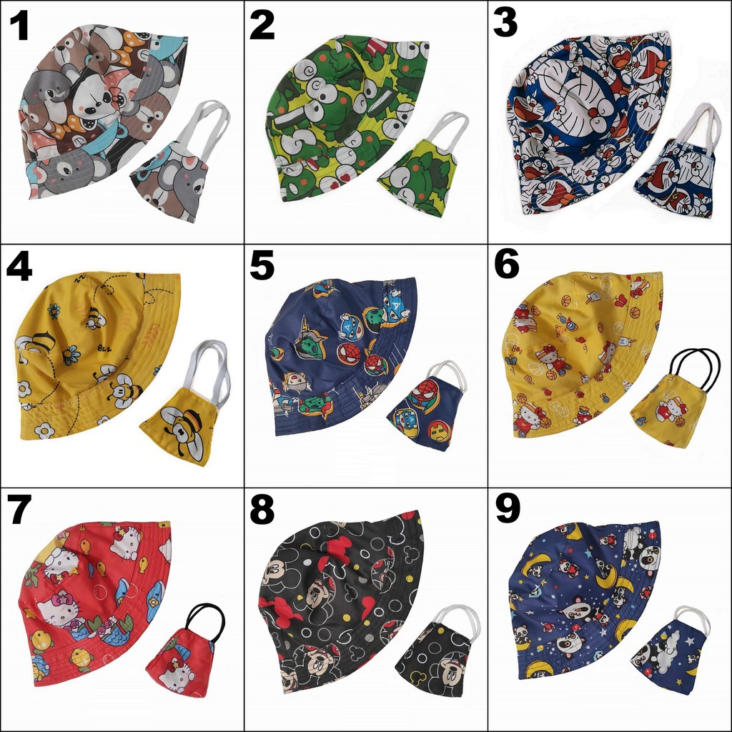 Topi anak bucket Pantai motif set Masker kain BA-SET