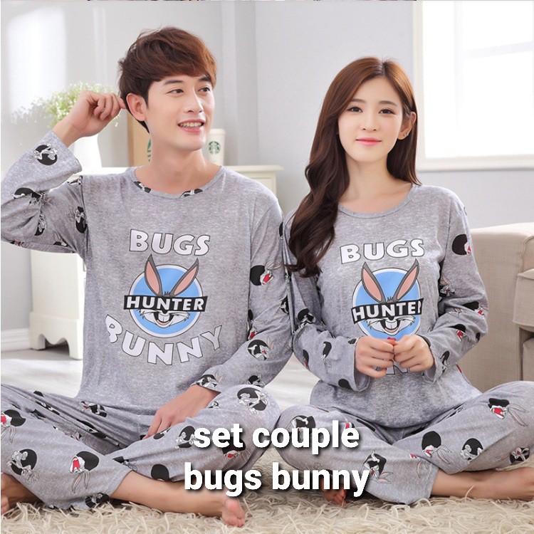 2 SET BAJU TIDUR COUPLE IMPORT / SETELAN PIYAMA PASANGAN CELANA PANJANG LENGAN PANJANG ALA KOREA