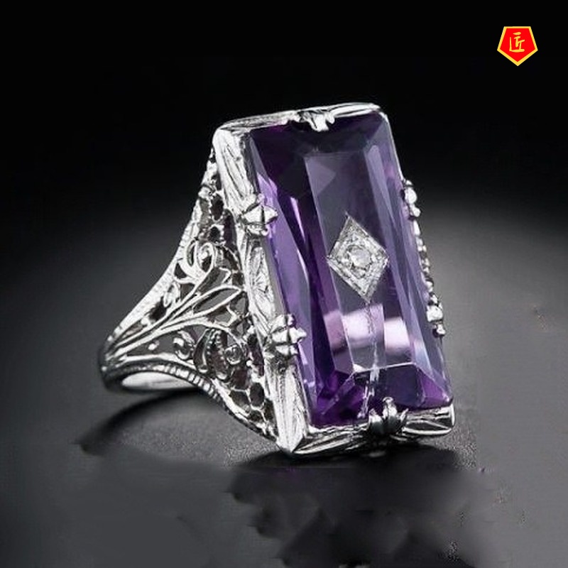 [Ready Stock]Fashion Personality Inlaid Chamfered Rectangular Amethyst Ring Exquisite