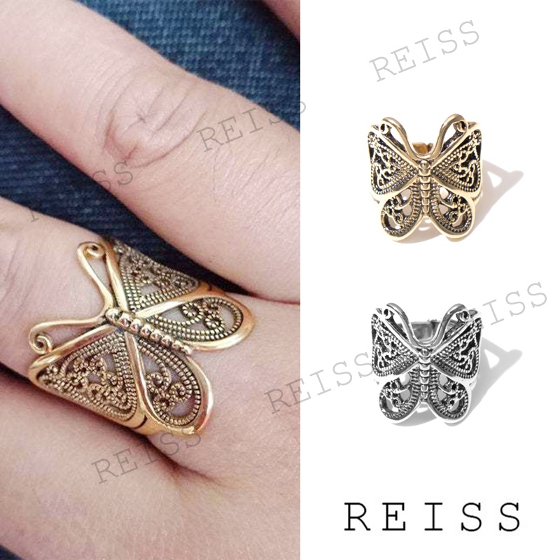 Cincin Adjustable Desain Ukiran Kupu-Kupu Hollow Bahan Alloy Warna Emas / Silver Gaya Vintage Untuk Wanita