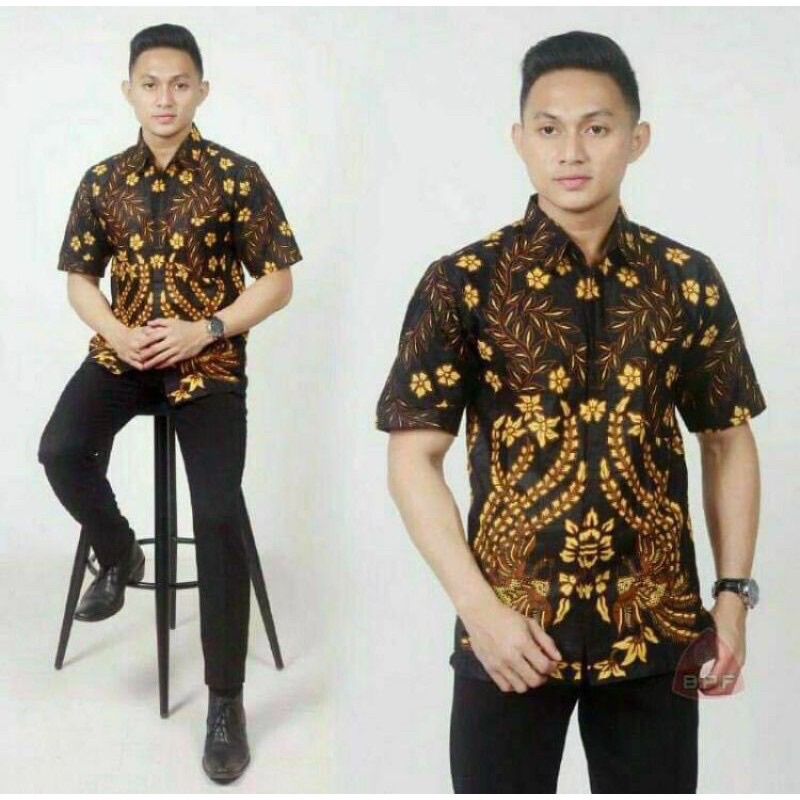 Kemeja Batik Pria Katun Halus BSWART Batik HRB026 Kenongo Hem Pendek Padi Pekalongan M