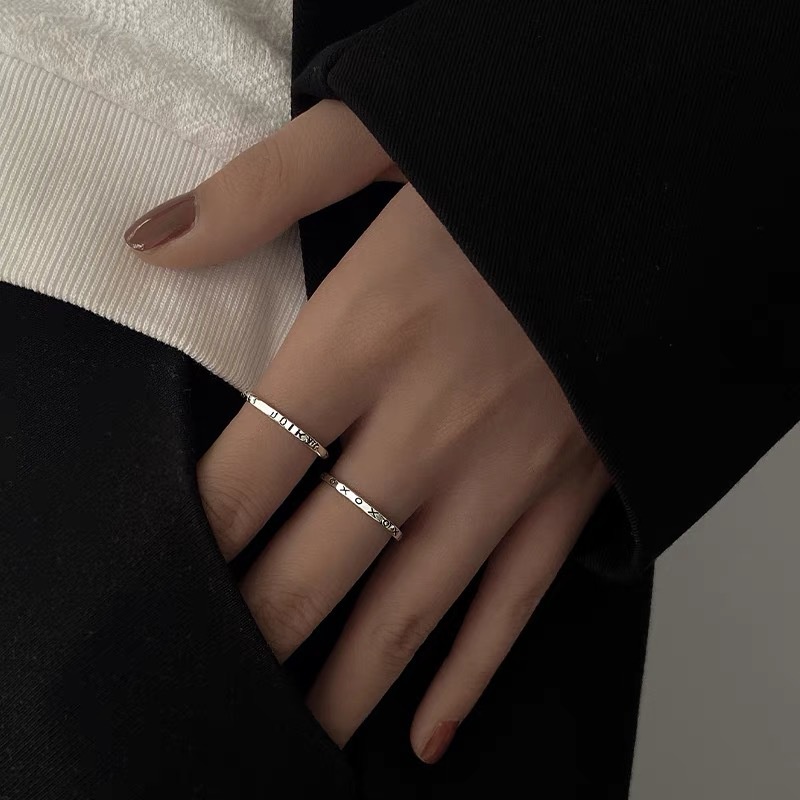 2pcs / Set Cincin Lapis Silver Motif Tulisan Untuk Wanita