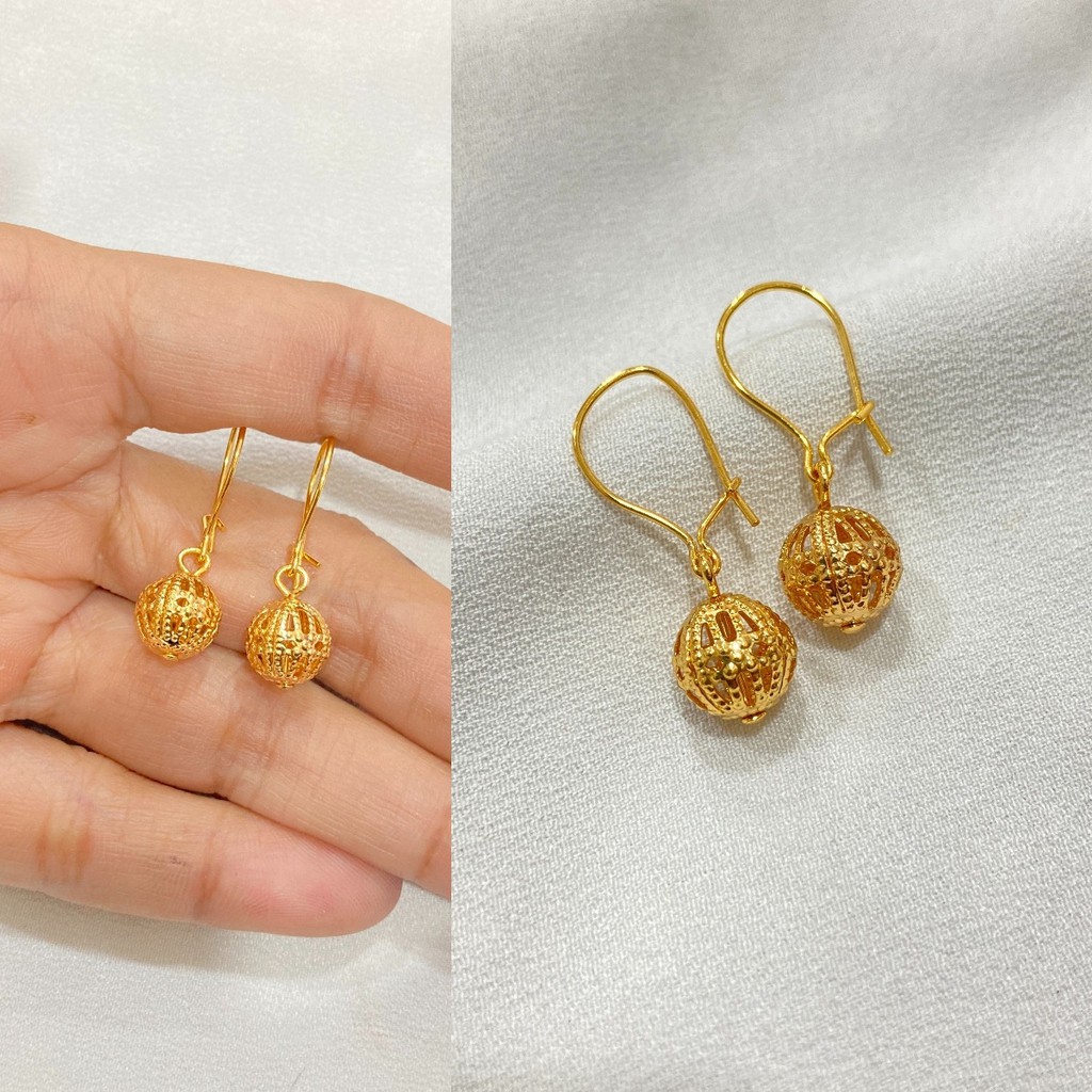 Anting Gantung Bola Kerawang Lapis Emas - Yaxiya Jewelry