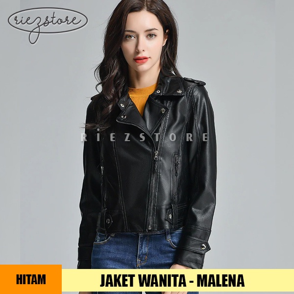 RZS x MALENA - Jaket Biker Motor Wanita Bahan Semi Kulit Sintetis Viena  Outif Outwear Hijab Slim Fi