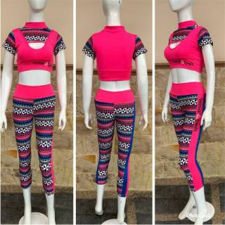 Setelan Baju  Senam  Wanita Aerobik Zumba  Fitnes Crop Rebook 