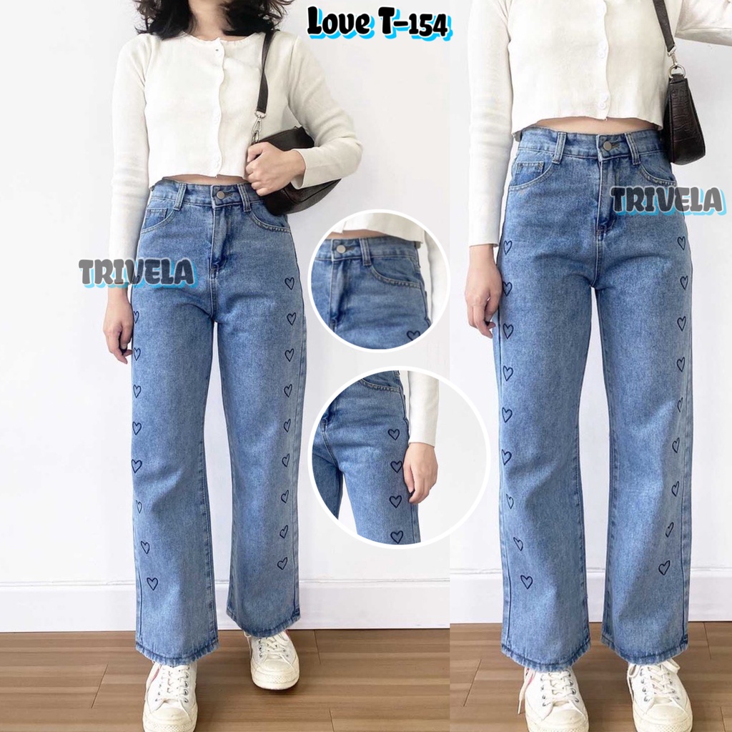 Korea Love Jeans / Celana Jeans Panjang Model Longgar / Jeans Motif Love / High Waist Gaya Korea / Kulot Loose Love / t154