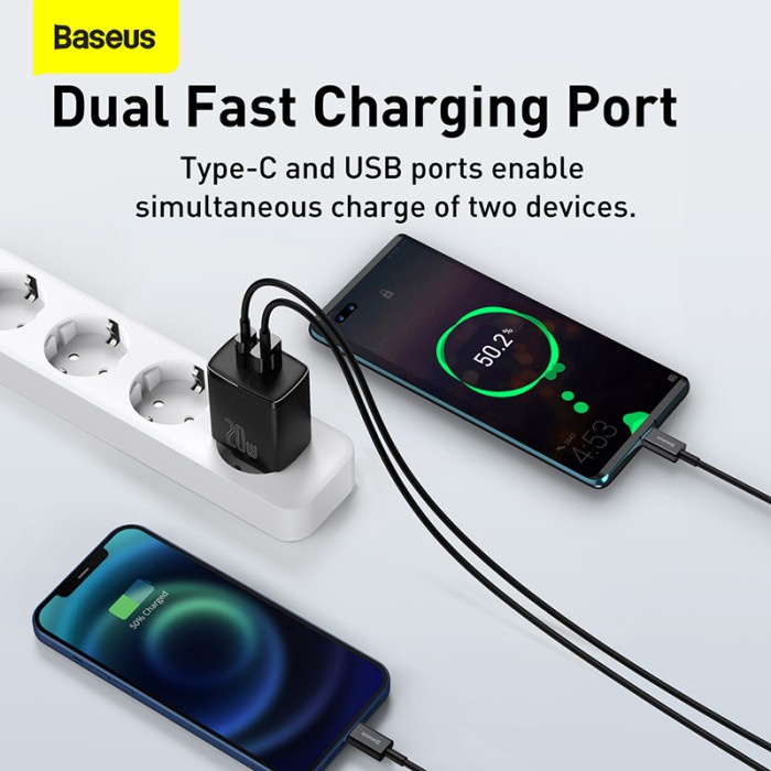 Baseus Kepala Charger Quick Charger QC3.0 Type-C+USB 20W PD Fast Charg