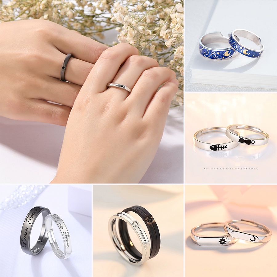 2pcs / Set Cincin Model Terbuka Bahan Sterling Silver 925 Desain Geometri / Matahari / Bulan Untuk Pria / Wanita