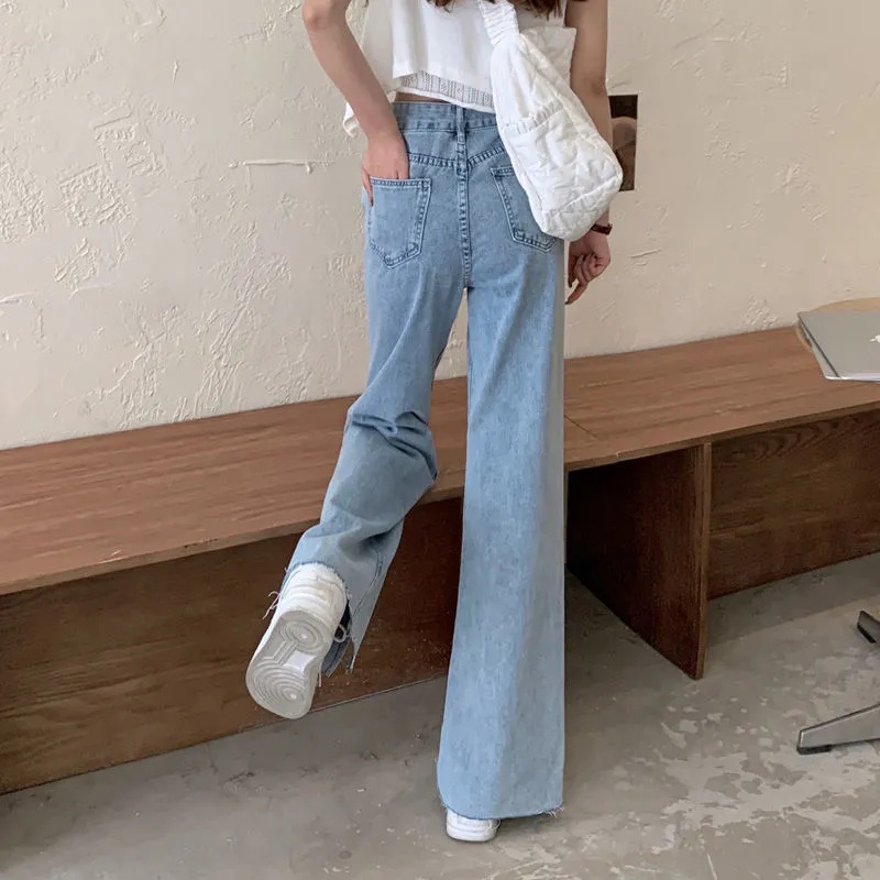 【LULU】korean style new Perpecahan biru muda highwaist Loose Slit celana jeans wanita