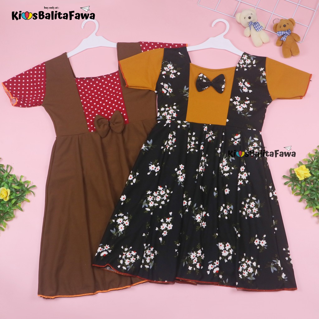 Dress Nadine uk 6-8 Tahun / Dress Anak Perempuan Gaun Polos Flower Lengan Dres Baju Import