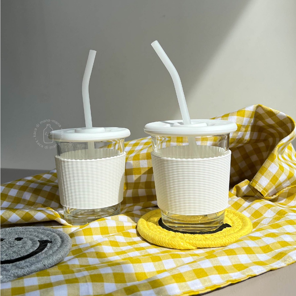Gelas Mug Kaca - Tumbler Sedotan Kaca - Korean Gelas Aesthetic White