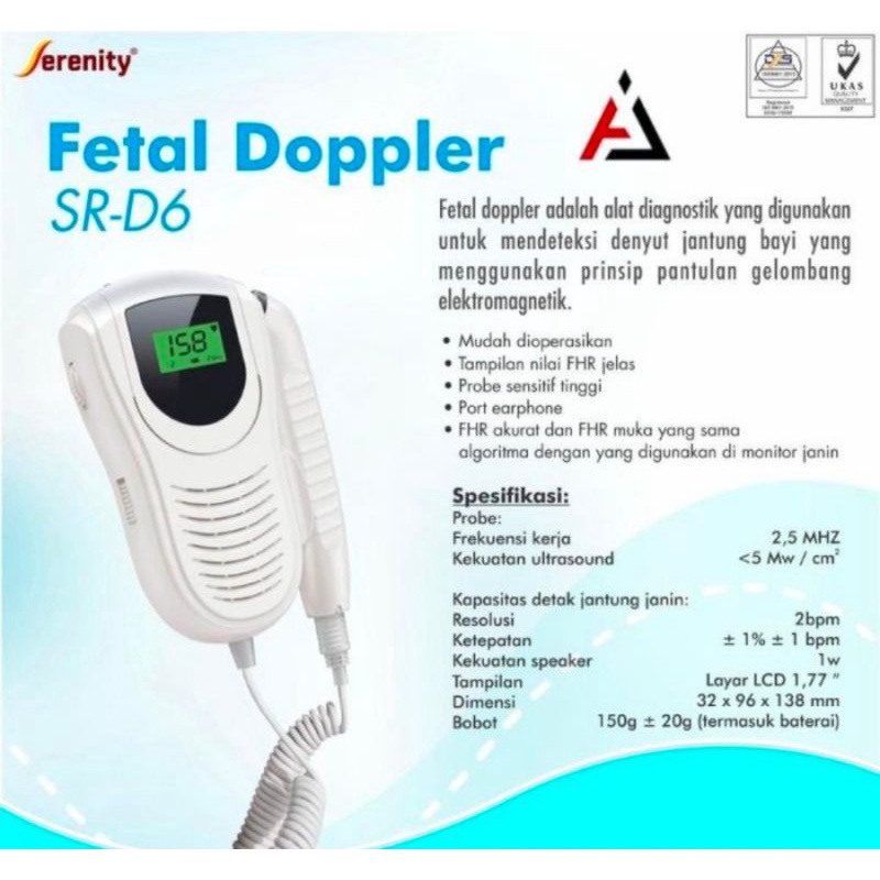 Fetal Doppler LCD Original Serenity SR-D6 Alat Diagnostik Denyut Jantung Bayi Bergaransi Resmi 1 Tahun