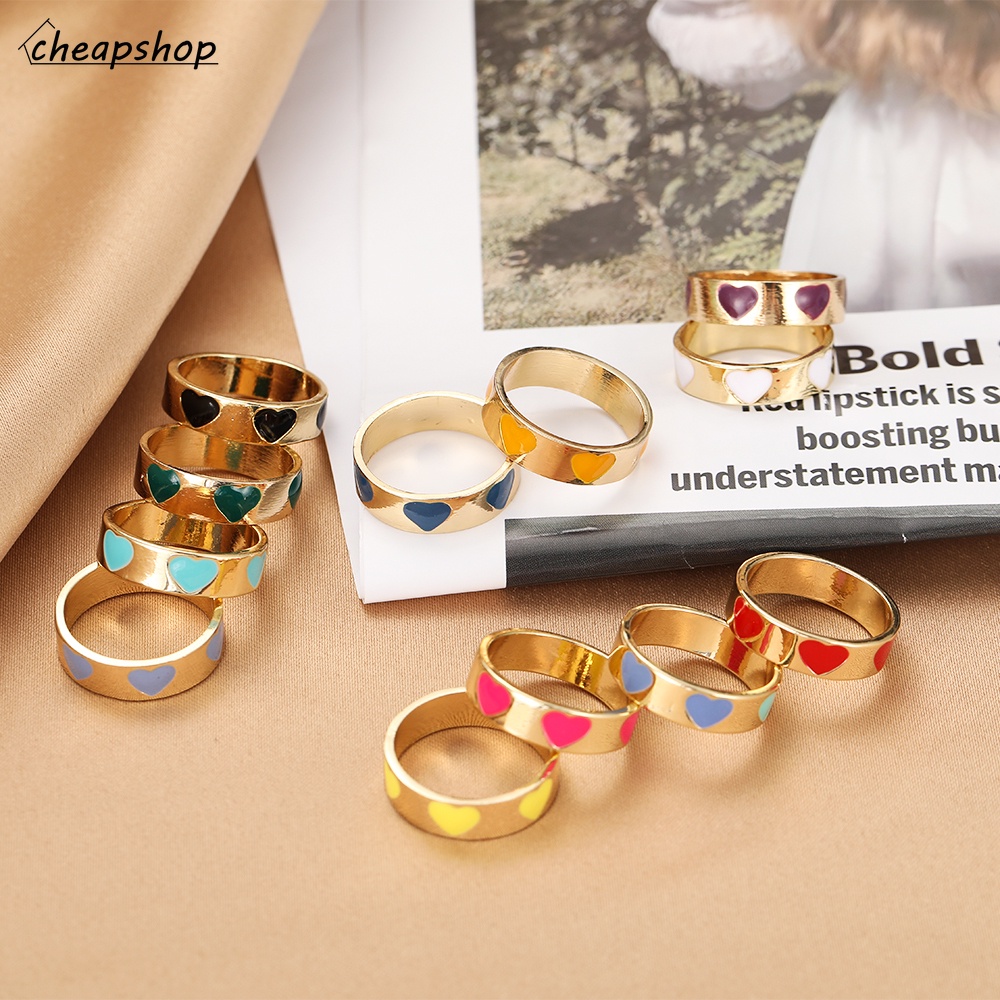 IFYOU Korean Fashion Gold Ring Colorful Heart-shaped Pattern Metal Finger Ring Women Jewelry Accessory