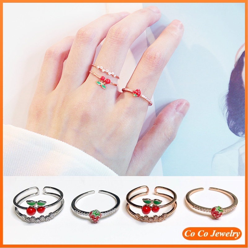 Cincin Model Terbuka Desain Buah Ceristrawberry Gaya Koreasimple Adjustable Untuk Wanita