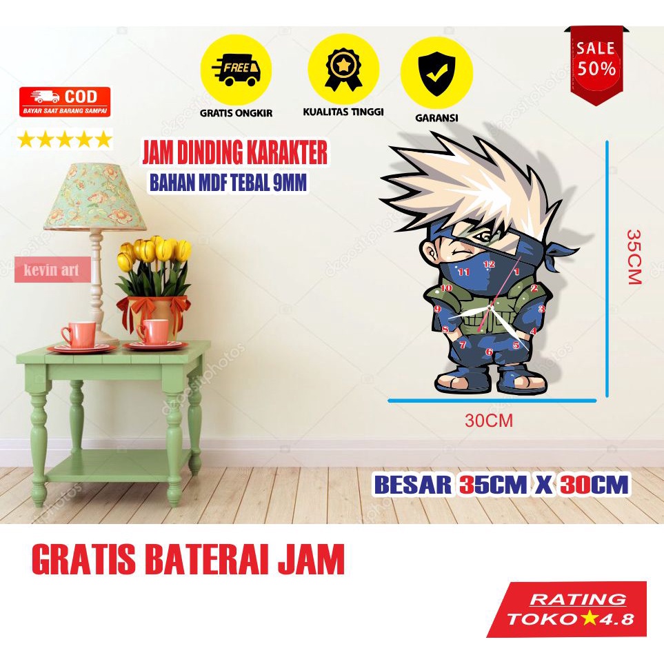 JAM DINDING KAYU UNIK KARAKTER ANAK GAMBAR ANIMASI KAKASHI HATAKE KOLEKSI SERIAL MANGA ANIME NARUTO SHIPPUDEN KEREN TERBARU MINIMALIS MURAH TEMPEL TEMBOK CUSTOM