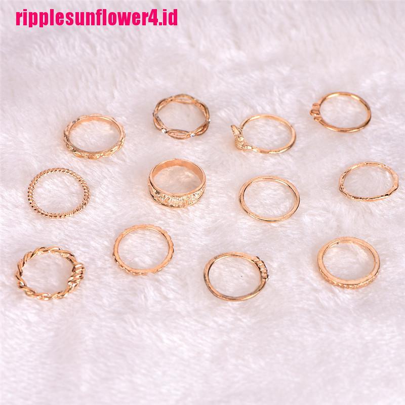 12pcs / Set Cincin Buku Jari Aneka Bentuk Warna Gold Gaya Vintage Punk Untuk Wanita